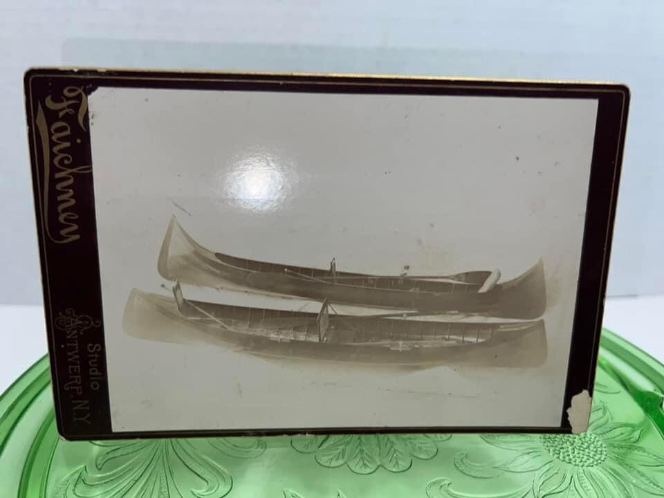 Antique Victorian Cabinet photo 2 canoes on water — possibly Native American related 1880s Antwerp New York