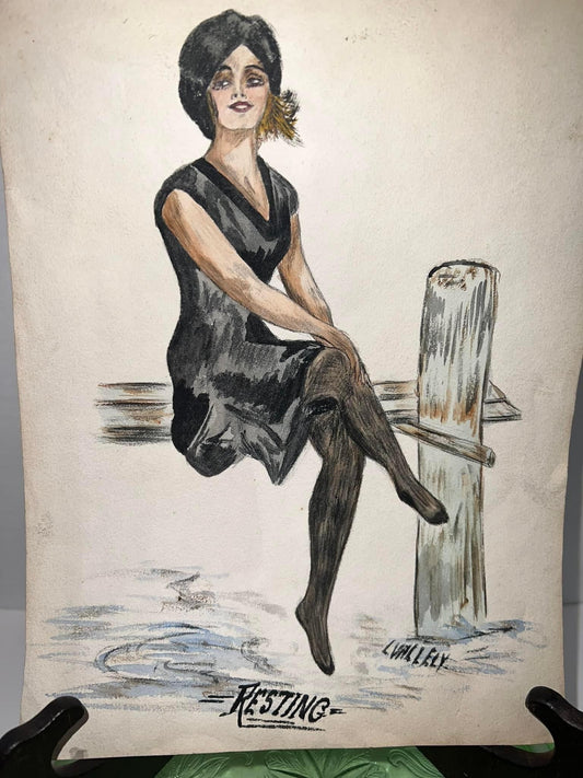 Vintage watercolor 1930-1940 Pretty girl on what looks like a dock — titled resting