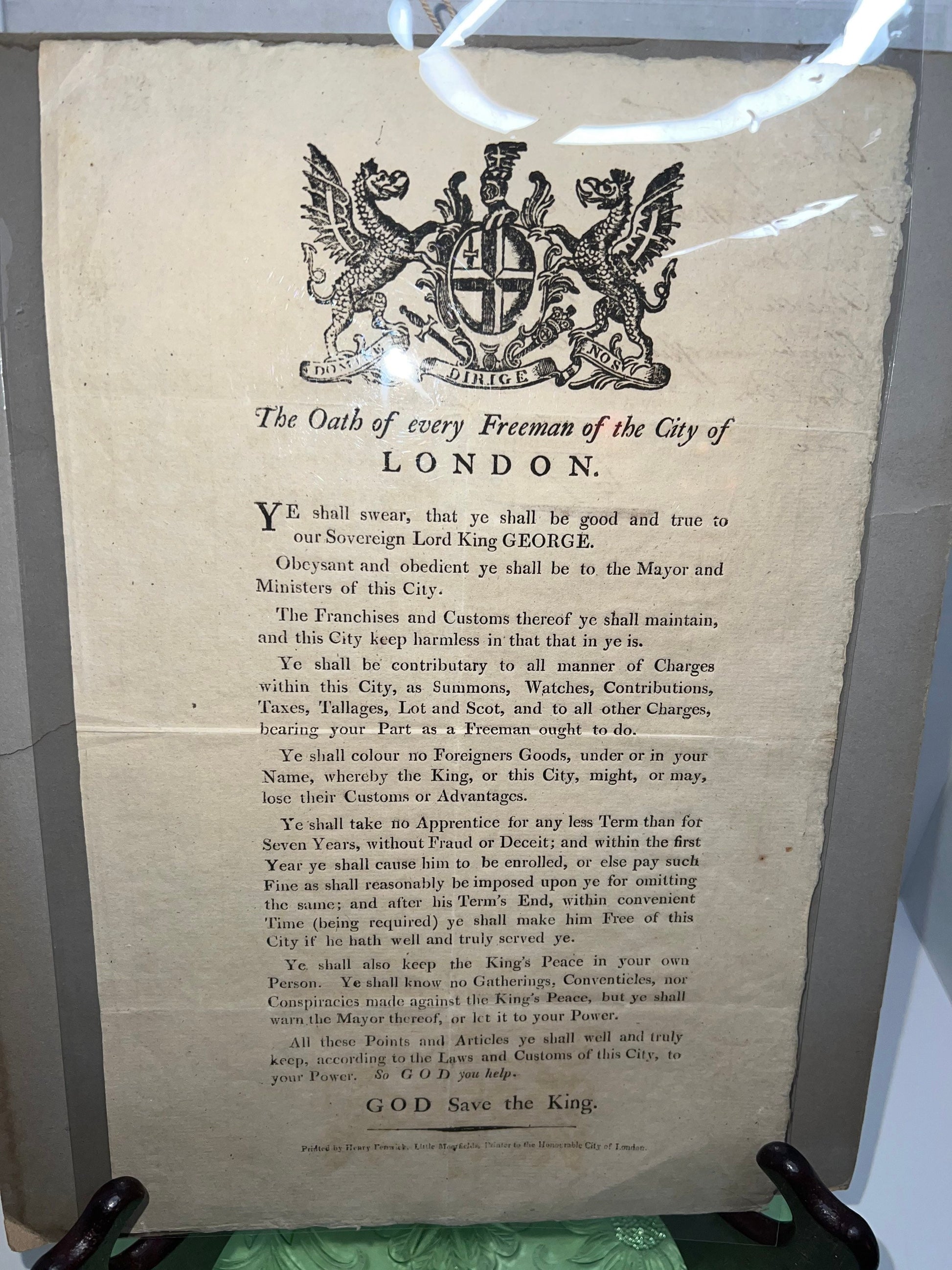 Antique 1817 London broadside oath of every freeman of the city ,lord king George