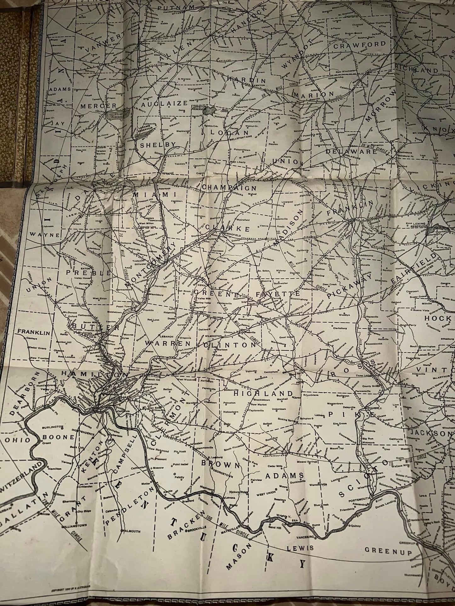 Antique 1893 railroad map of Ohio Linen back excellent condition 27 x 26 in