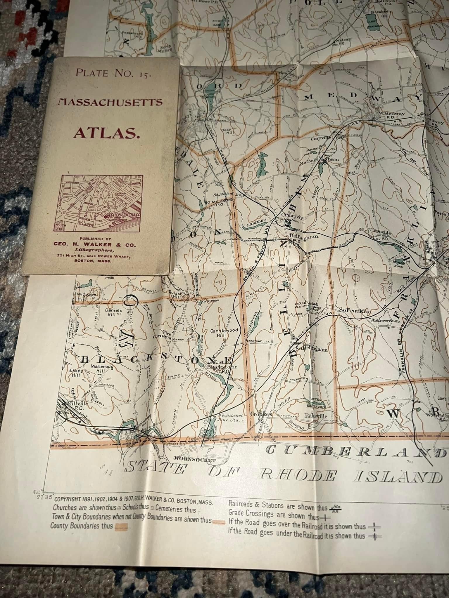 Antique 1907 pocket map Plate no .15 Massachusetts atlas
