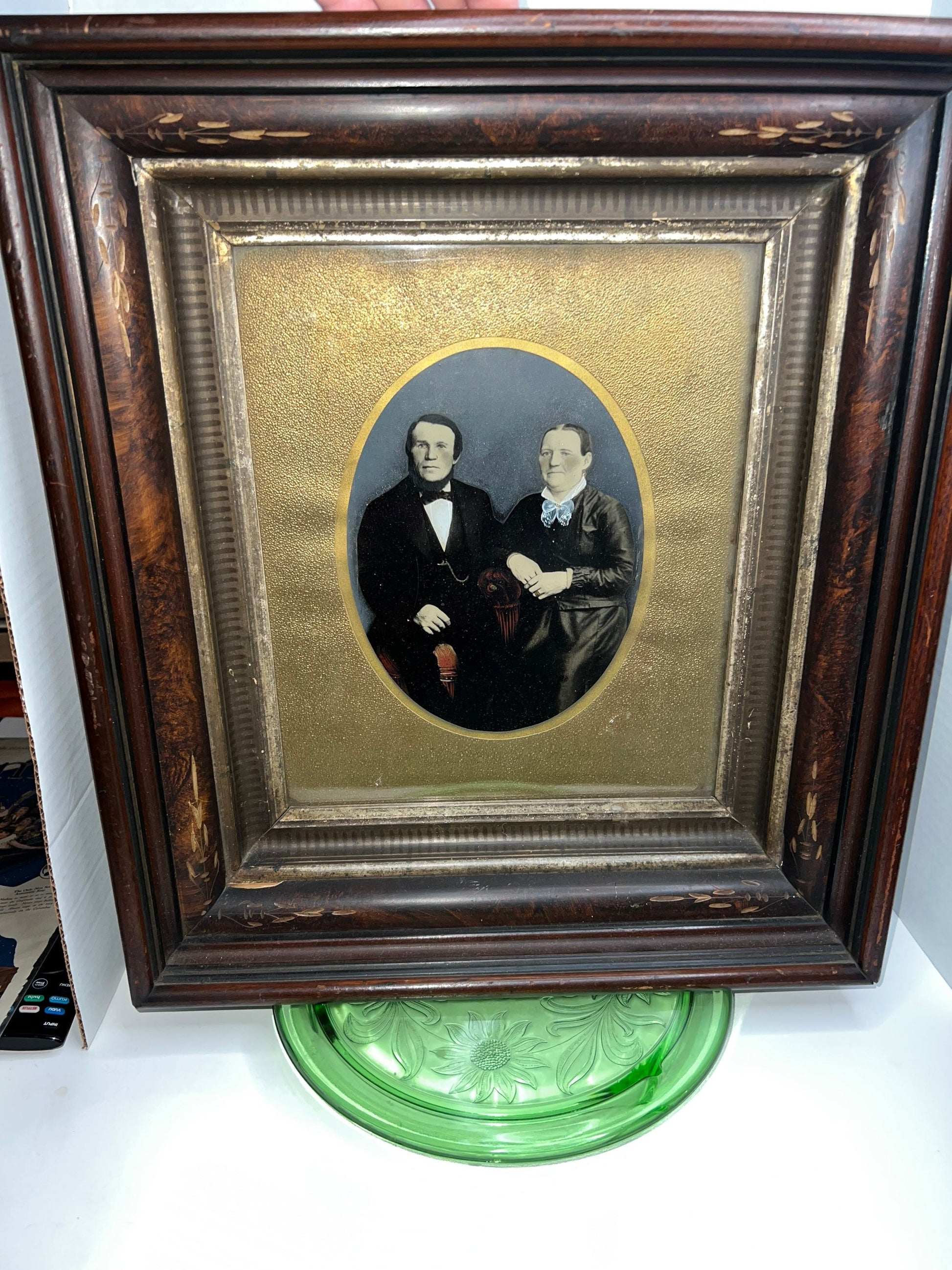 Antique Victorian tintype full plate hand colored folk art 1870s in early wood frame
