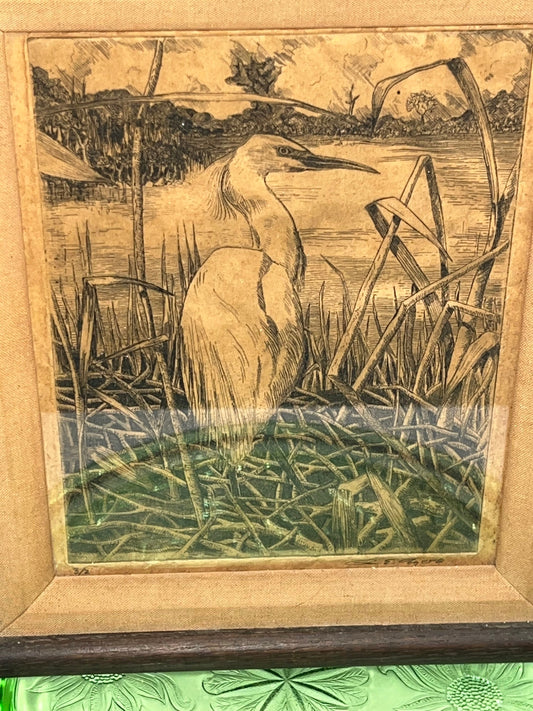 Antique turn of the century etching print crane in grass 1900s framed