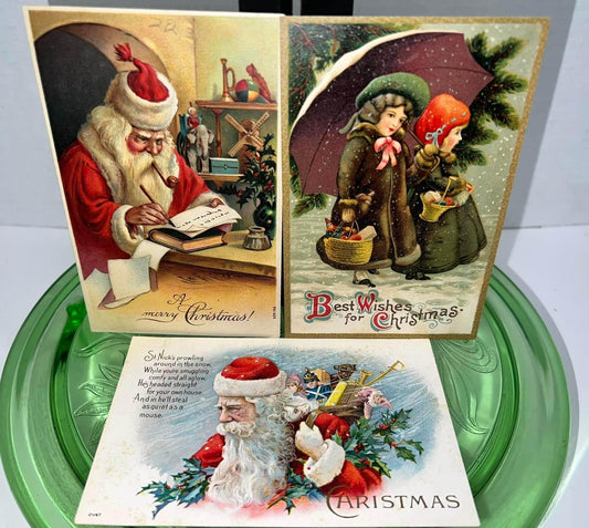 Antique 3 nice early Christmas cards Featuring 2 Santa’s postcards 1900s