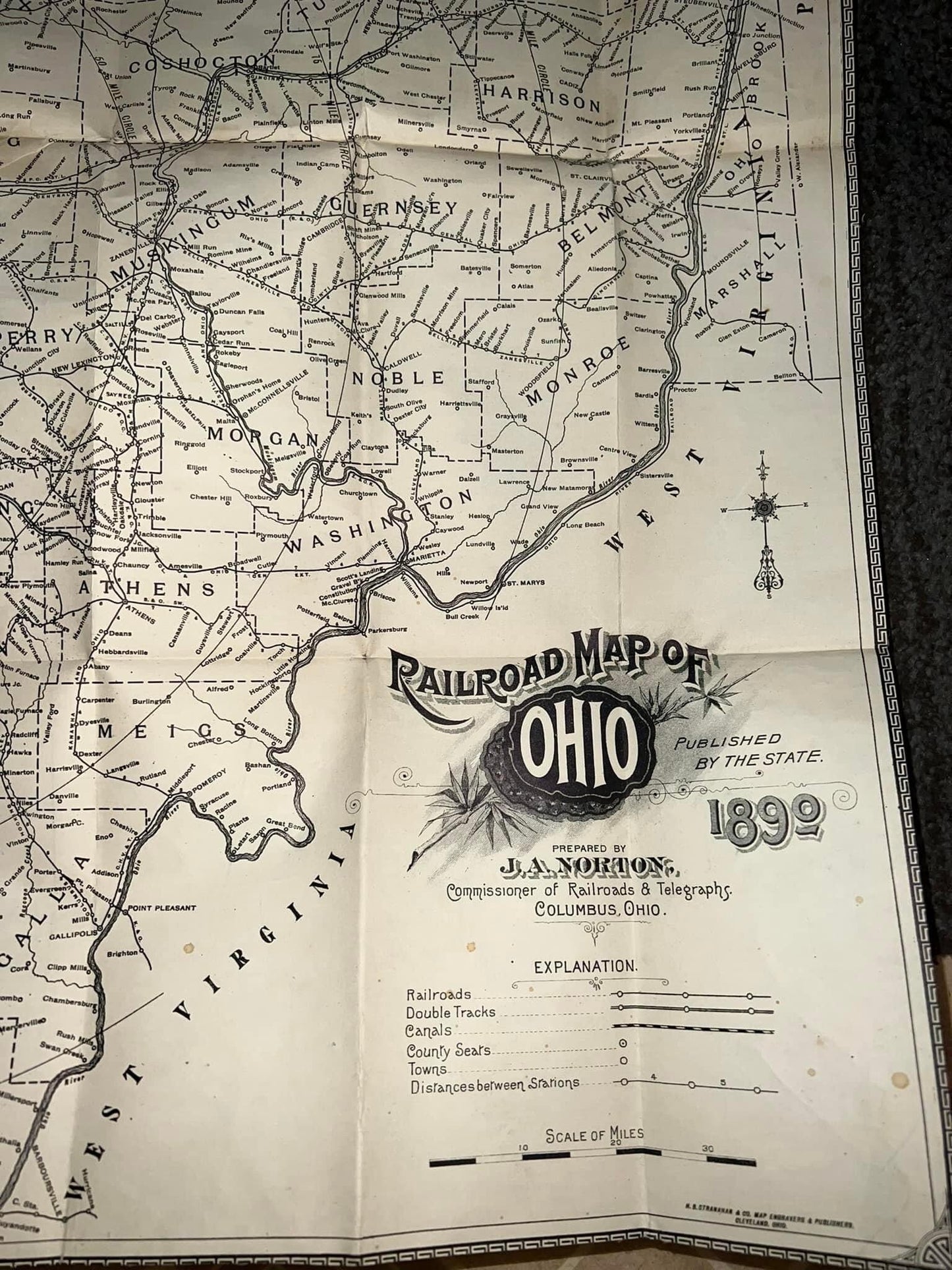 Antique 1893 railroad map of Ohio Linen back excellent condition 27 x 26 in