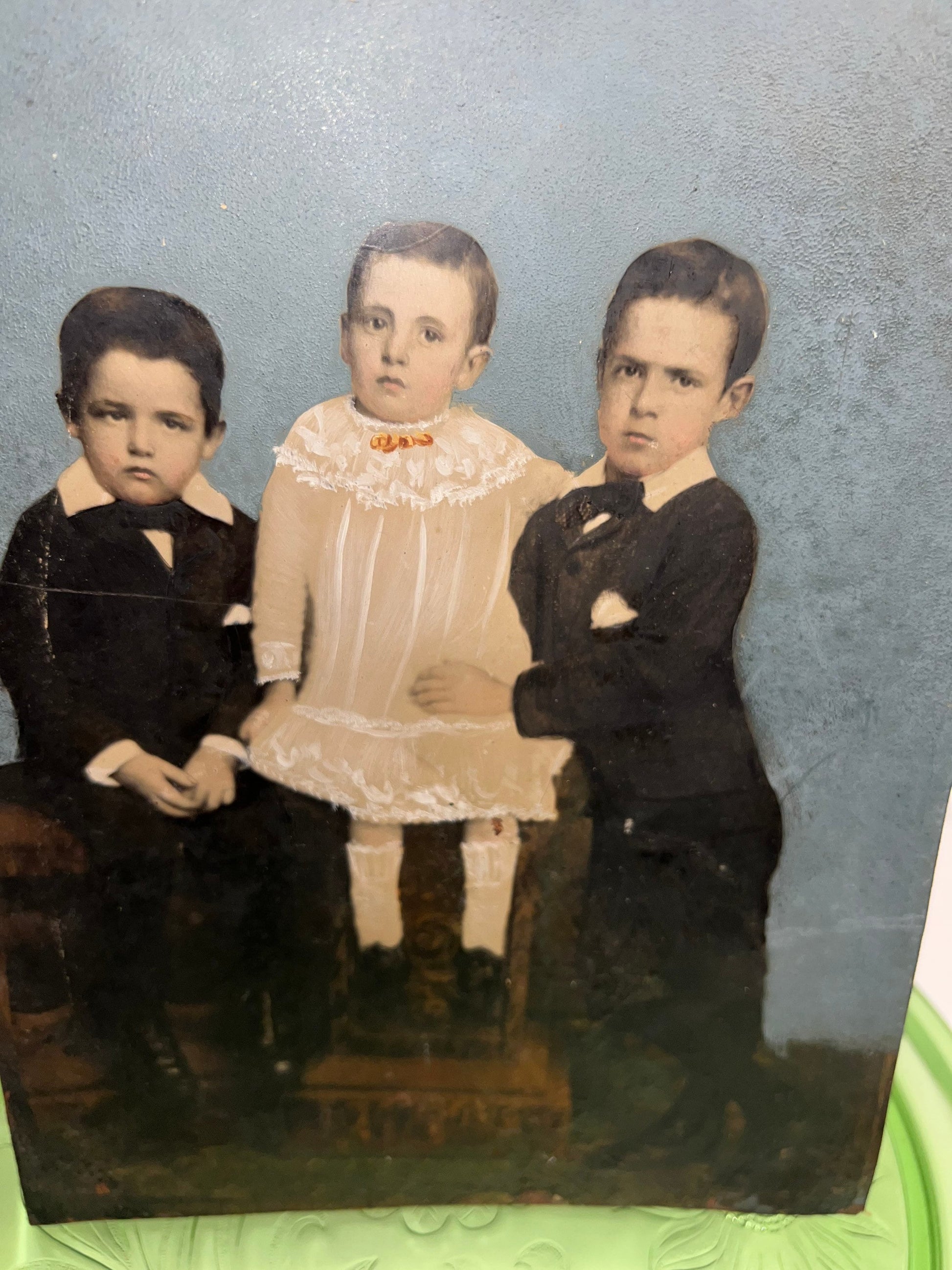 Antique Victorian tintype colored folk art hand tinted children full plate 1870s