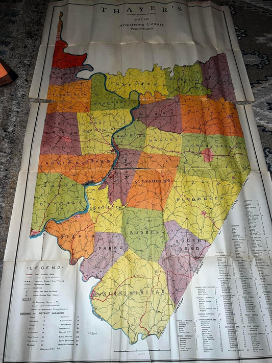 Vintage 1928 fold out map Thayer’s Kittanning pa Armstrong county Pennsylvania 29 x 50 in