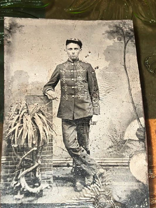 Antique Victorian tintype musician in uniform 1870s