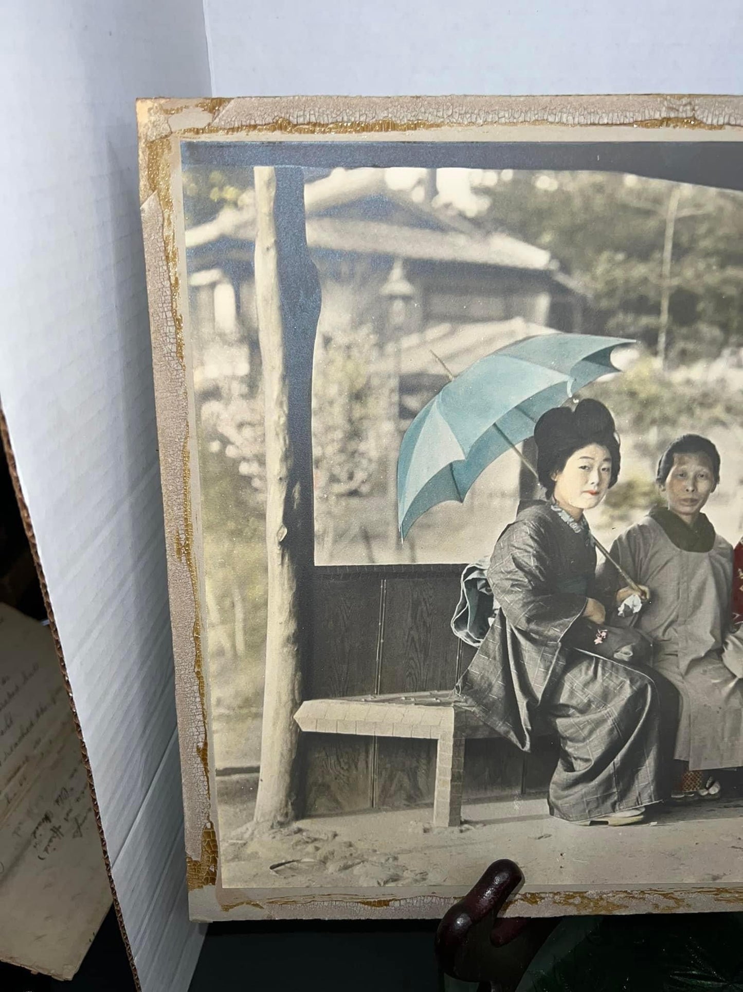 Antique turn of the century Large albumen mounted photo colored C 1910-1920Japanese women seated outdoors vintage photography