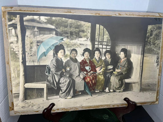 Antique turn of the century Large albumen mounted photo colored C 1910-1920Japanese women seated outdoors vintage photography