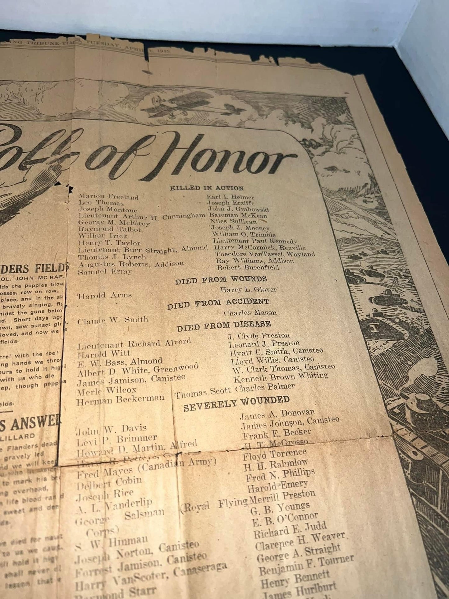 Antique Ww1 roll of honor 1919 evening tribune In Flanders field - killed in action