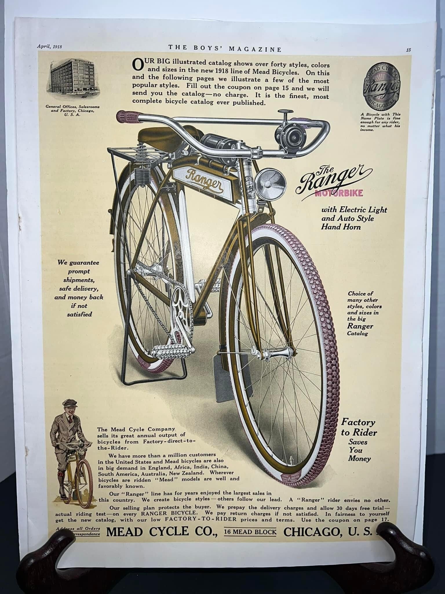 Antique 1918 ranger bicycle advertising Magazine insert killer graphics early bicycle