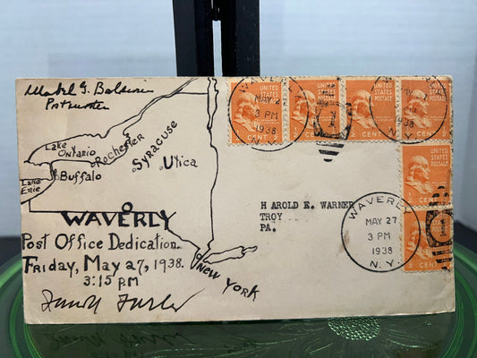 Vintage hand drawn postal cover 1938 waverly New York post office dedication Rochester Buffalo New York