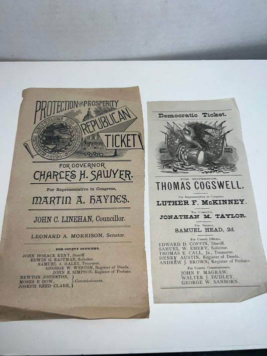 Antique Victorian political republican democratic tickets 1880s New Hampshire governor handbills