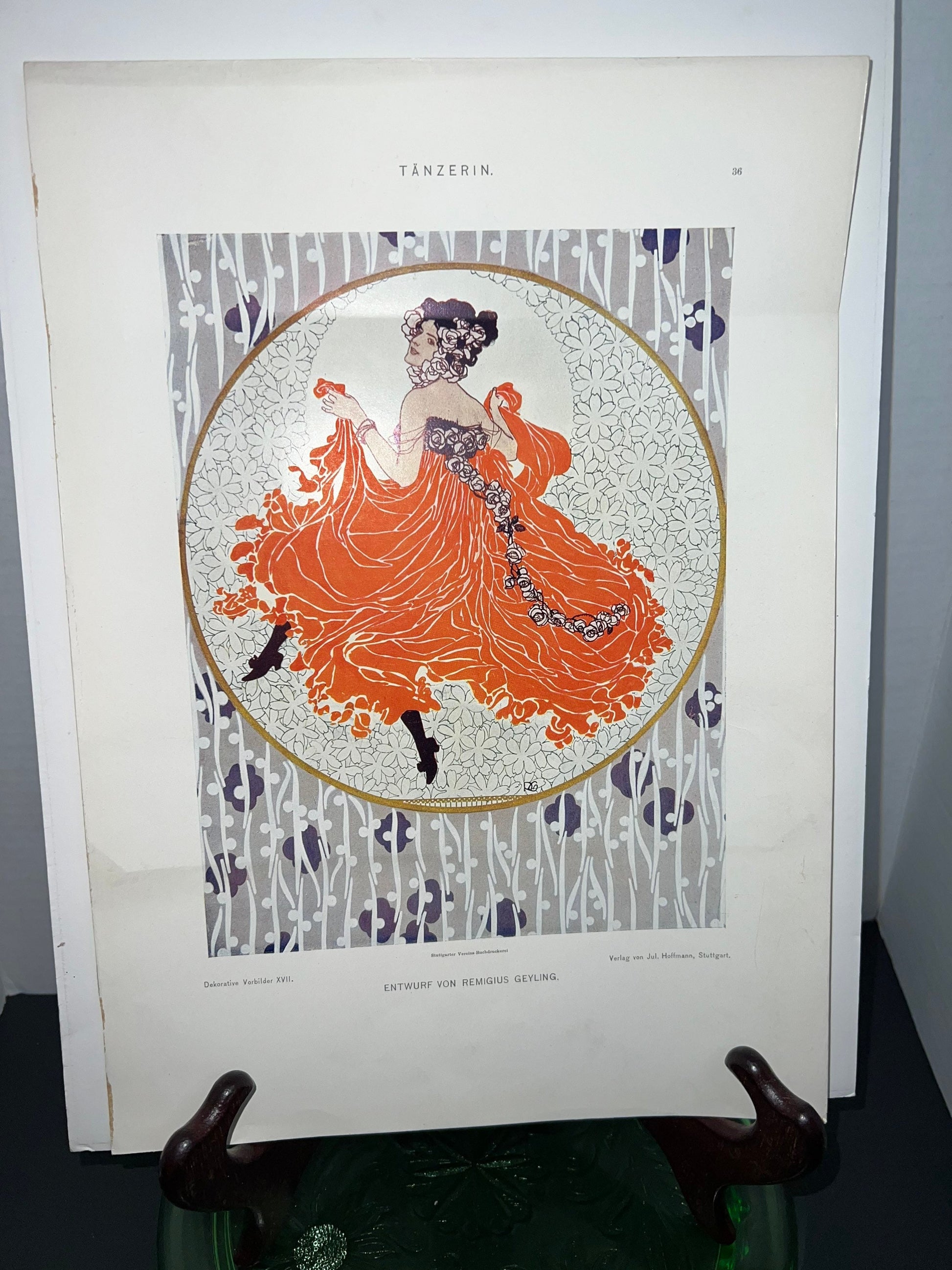 Antique Art deco era plate lithograph 2920-1940 woman in red dress dancing print Remigius Geyling
