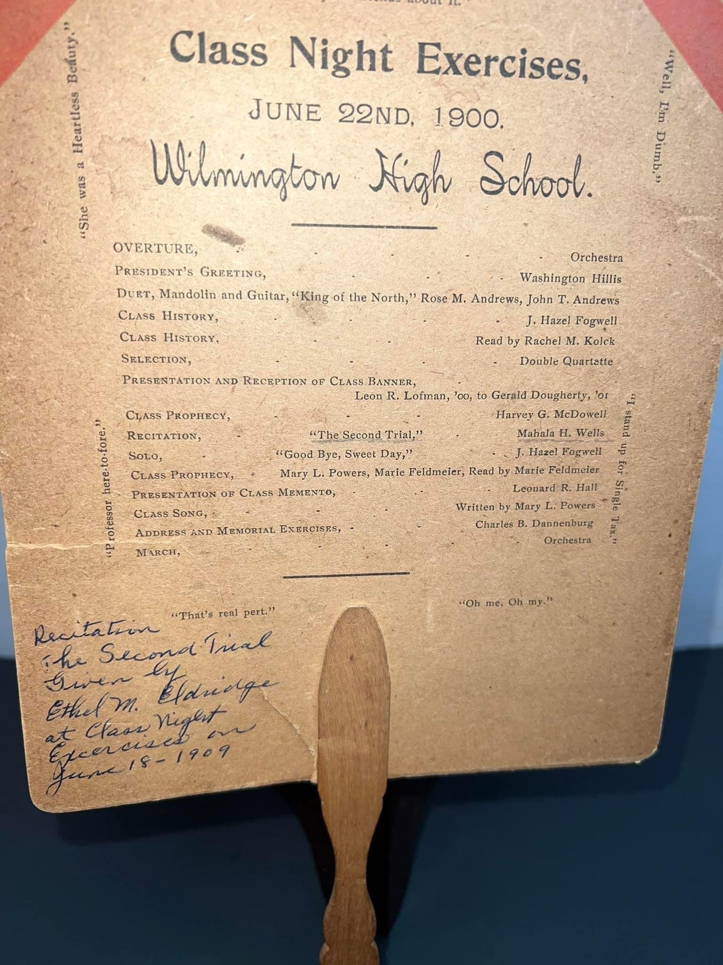Antique Early hand fan for - Wilmington Delaware class night exercises 1900 signed & all guests high school advertising