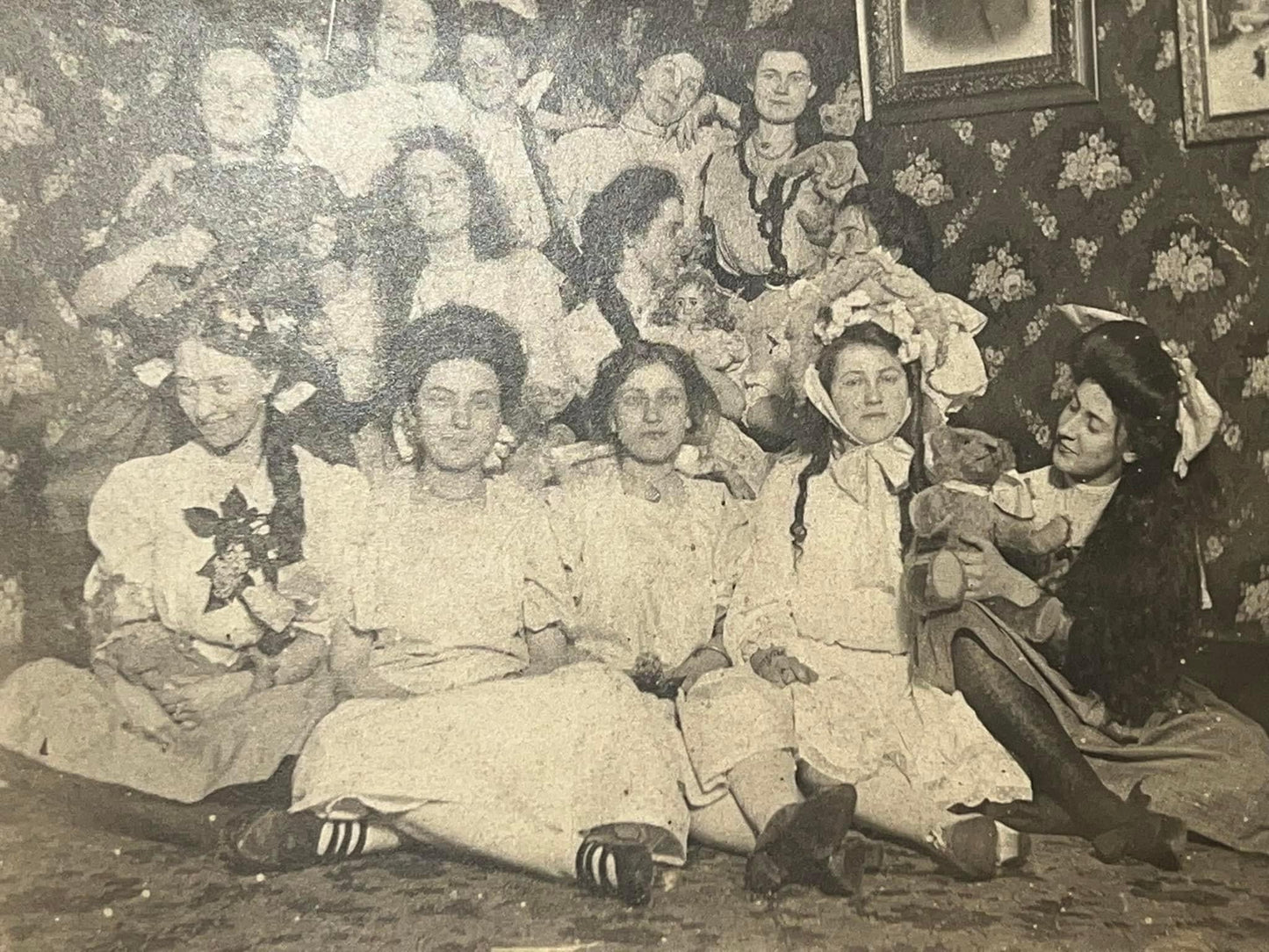 Antique Early 1900s mounted photo Theater group or sorority house dressed up fun group