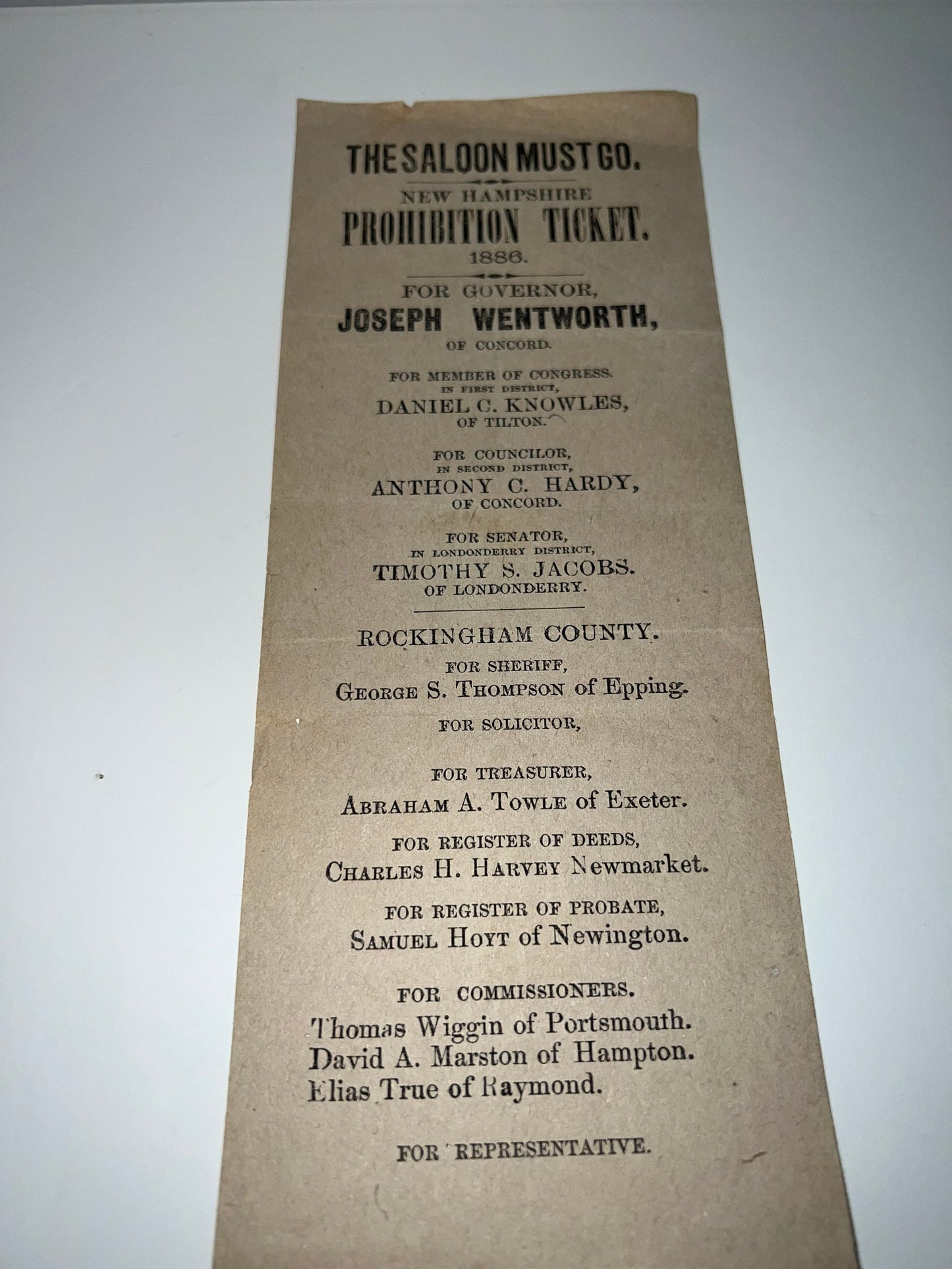 Antique Victorian political advertising the saloon must go New Hampshire prohibition ticket 1886 governor