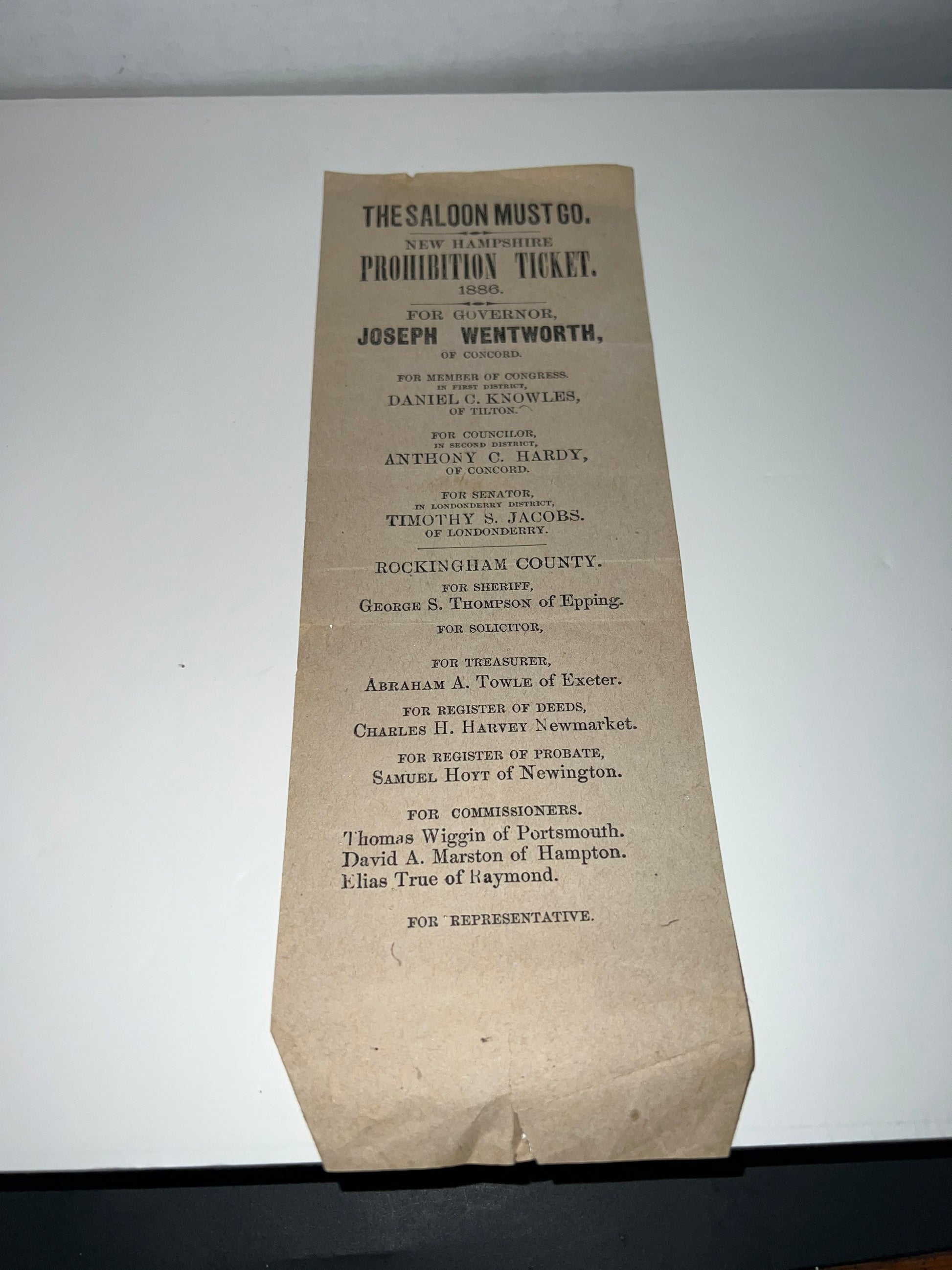 Antique Victorian political advertising the saloon must go New Hampshire prohibition ticket 1886 governor