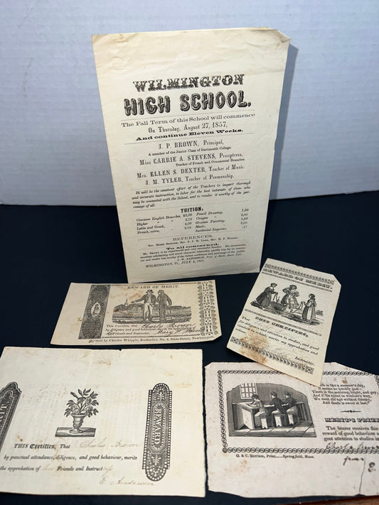 Antique Victorian school Wilmington Vermont handbill 1857 & reward of merit cards pre civil war