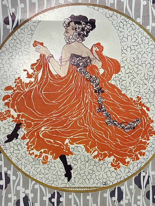 Antique Art deco era plate lithograph 2920-1940 woman in red dress dancing print Remigius Geyling