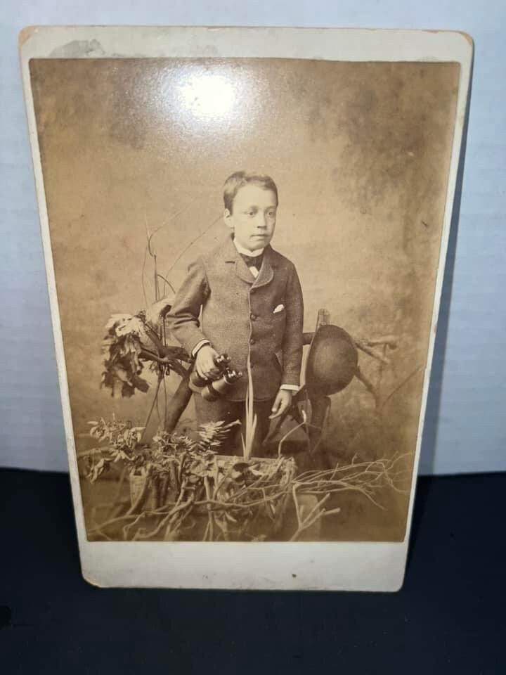 Antique Victorian Cabinet photo Little boy holding binoculars