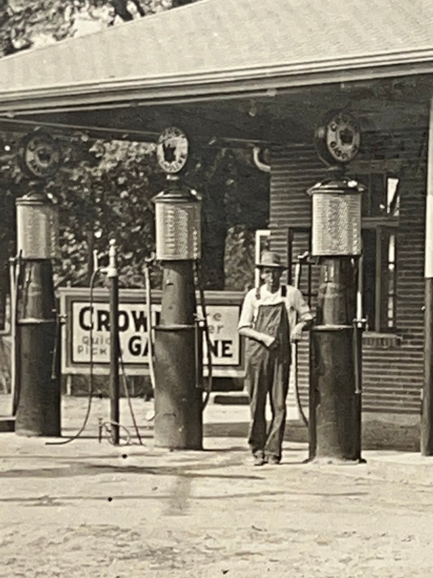 Antique mounted photo early gas station standard oil crown visible pumps 1920-1930