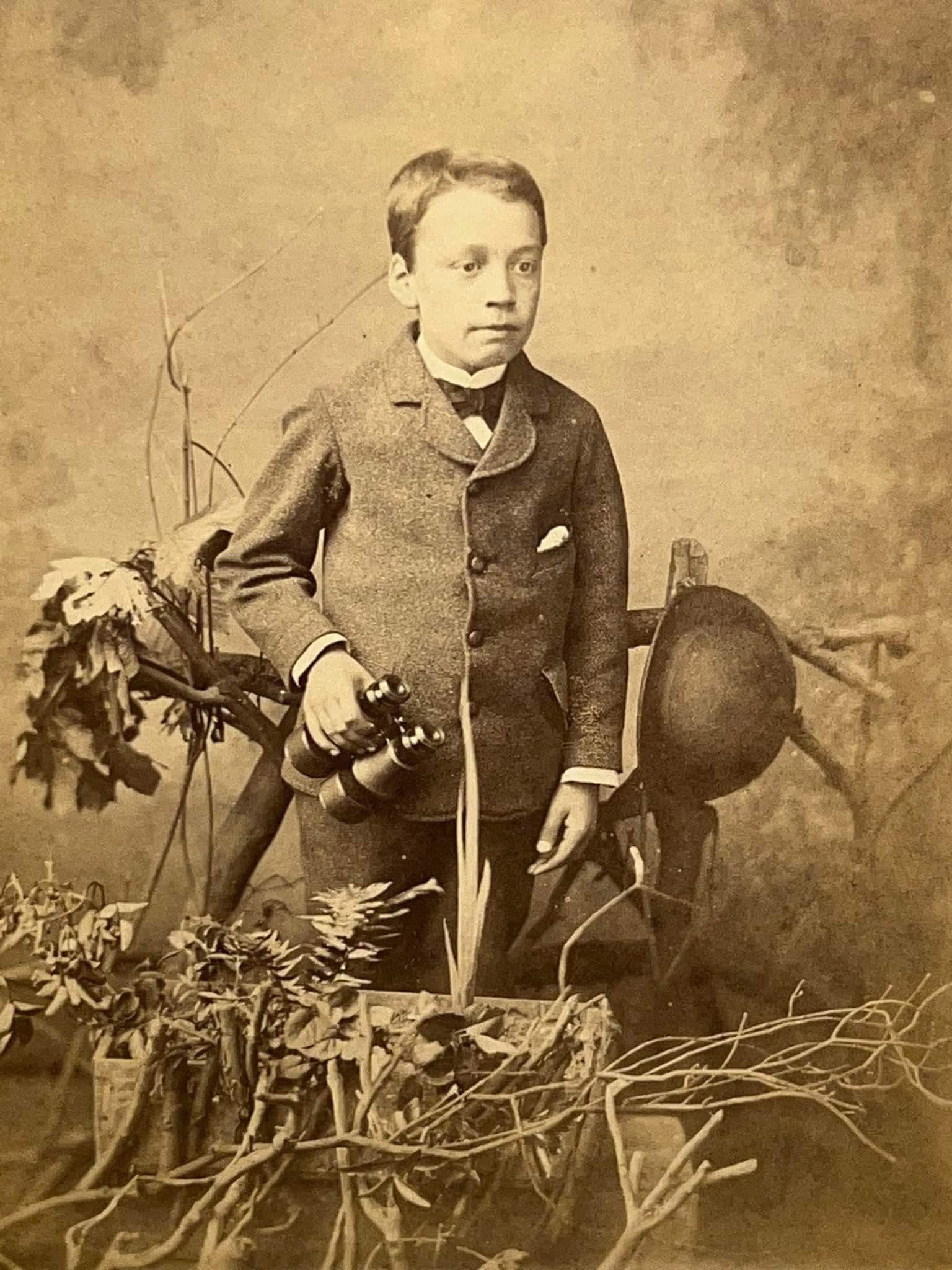 Antique Victorian Cabinet photo Little boy holding binoculars