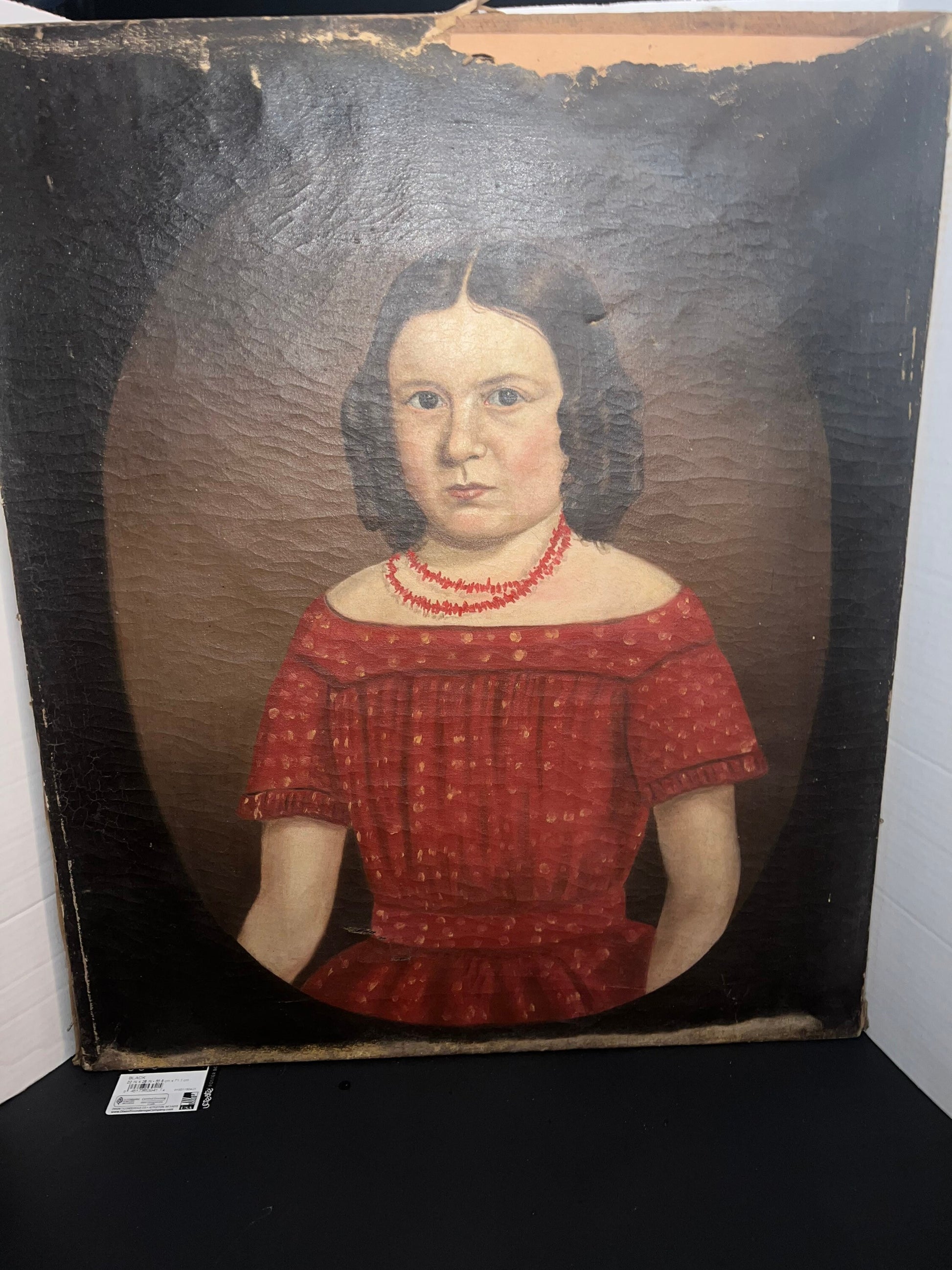 Antique Early primitive folk art —1840-1850s Portrait unknown girl - oil on canvas gothic