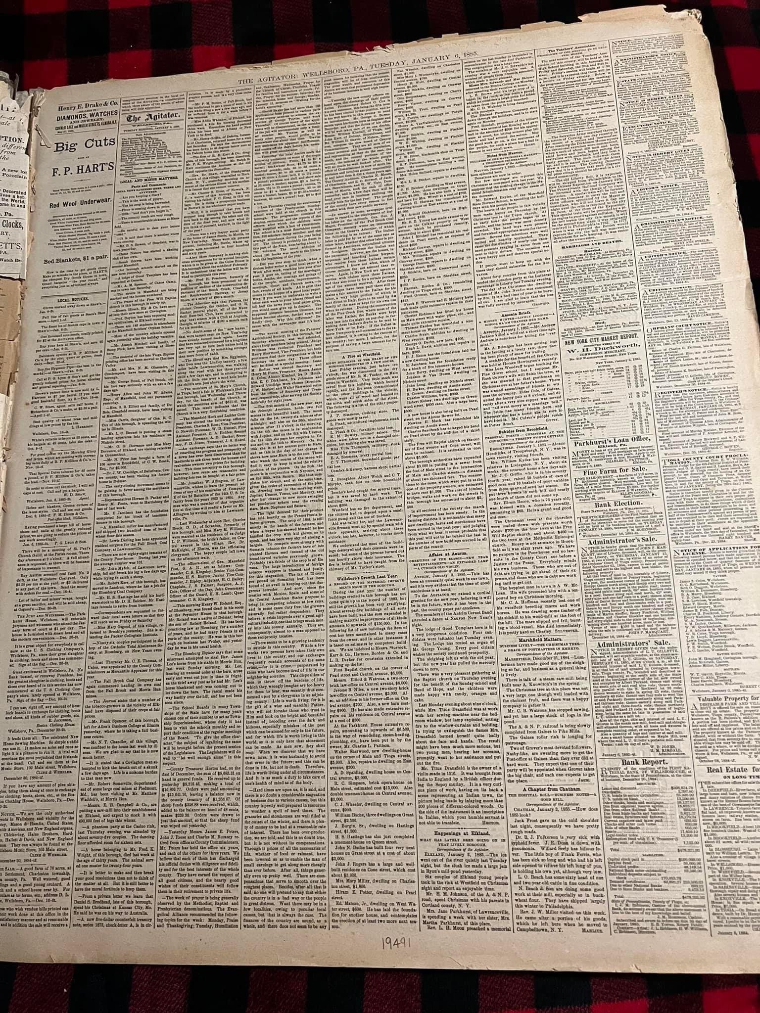 Antique Victorian 1885 the wellsboro agitator newspaper Year bound Tioga county Pennsylvania scarce