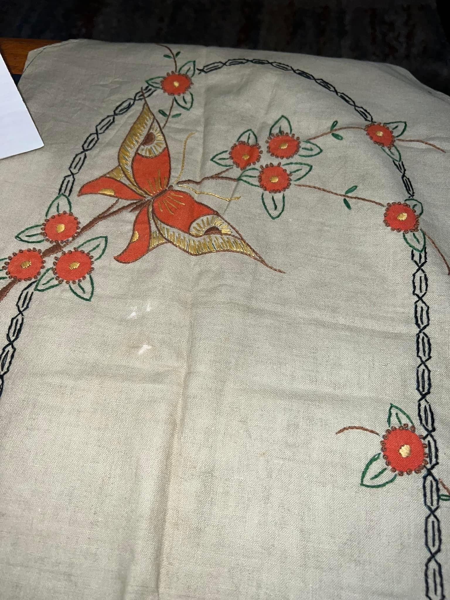 Antique Early pattern table runner 1920-1930s Butterfly’s & flowers vintage textile