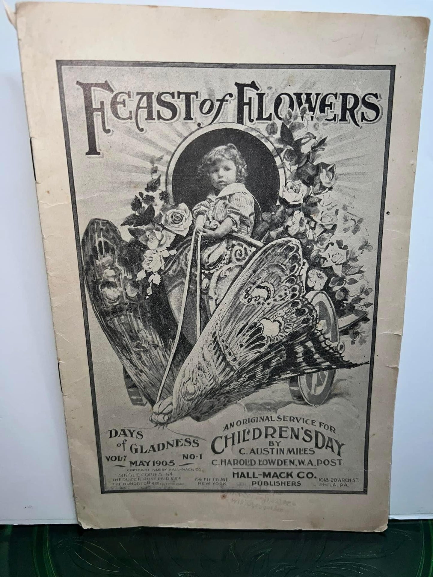 Antique 1905 feast of flowers Great nouveau cover child riding moth children’s day song book