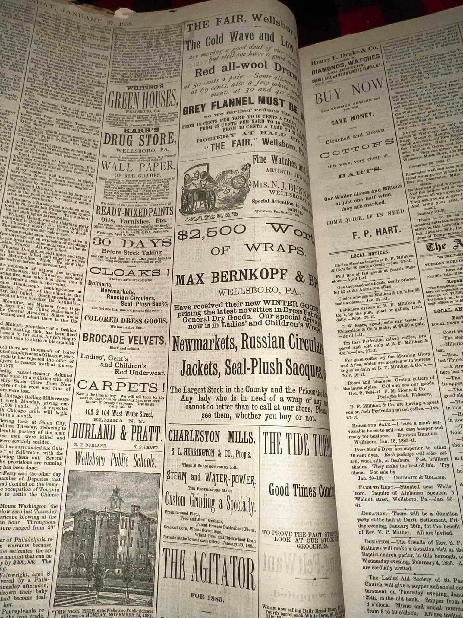 Antique Victorian 1885 the wellsboro agitator newspaper Year bound Tioga county Pennsylvania scarce