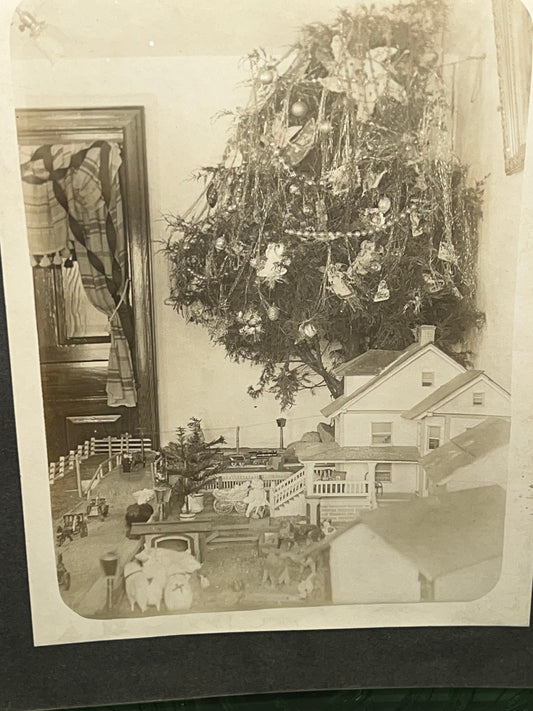 Antique photo early Christmas tree & village display e 1900s Edwardian vintage holiday