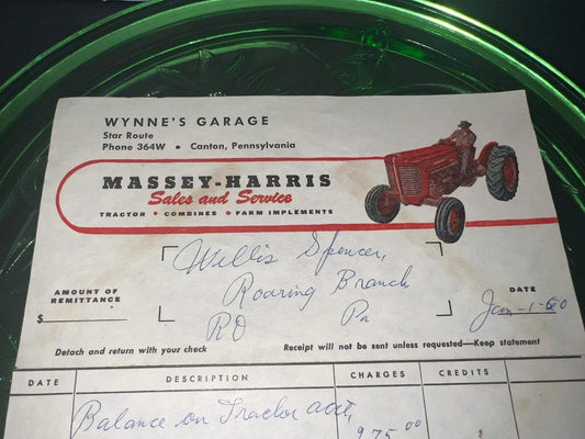Vintage Farming tractor Massey Harris billhead receipt advertising 1960