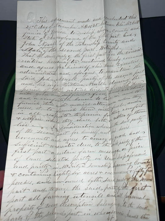 Antique civil war era 1865 - farming / care taker agreement Agreement between- eli mcnett & John Newell handwritten letter