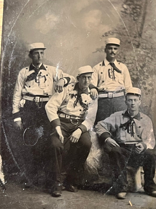 Antique Victorian tintype Excellent occupational tintype firemen posed in uniform firefighters baseball team