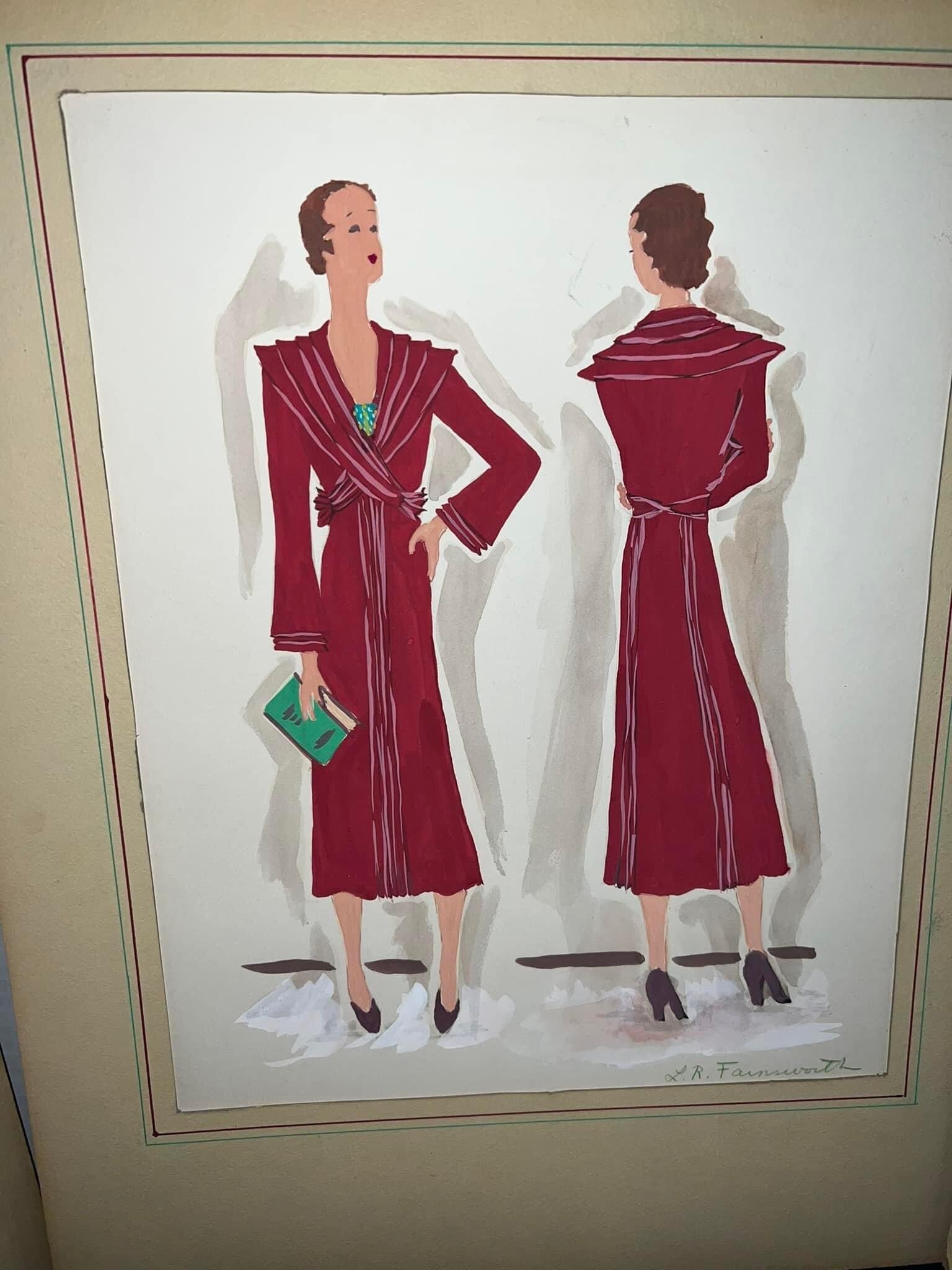 Vintage mid century fashion 1940–1950– fashion designer sketches Lucy reed farnsworth hand painted