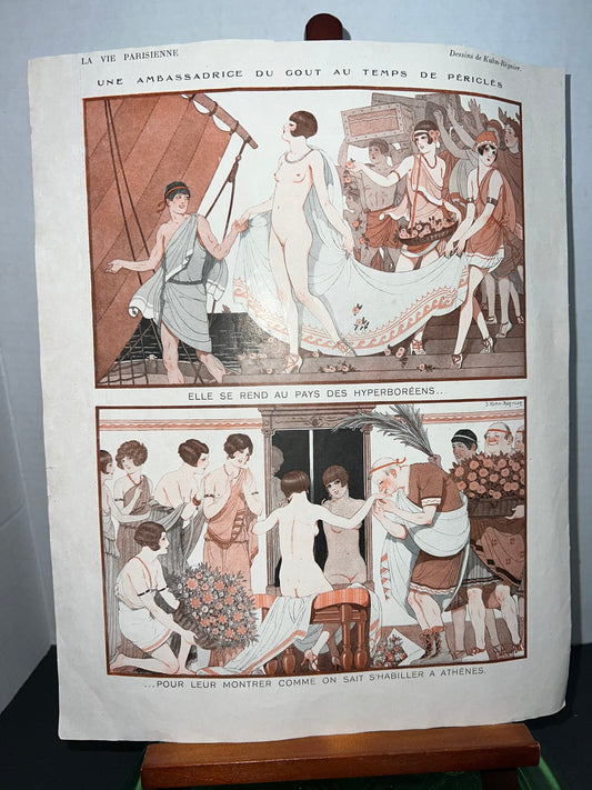 Antique Art deco nude French lithograph print how to dress in Athens 1927