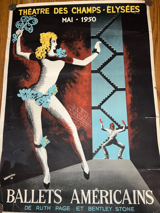 Antique original French ballet poster theatre des champs 1950 lithograph art