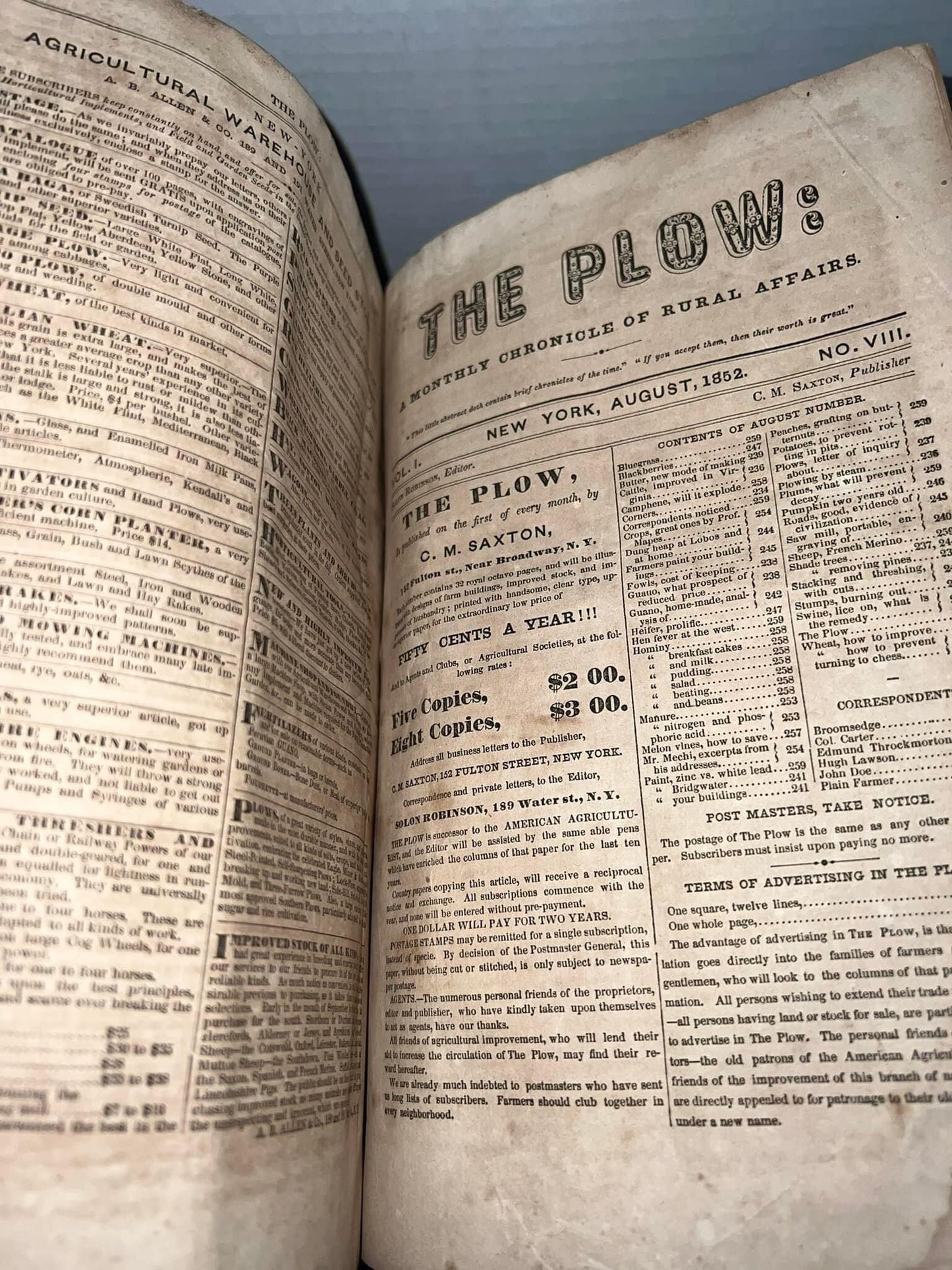 Antique 1852 - scarce periodical bound The plow - a monthly chronicle of rural affairs Farming , horticulture, rural life