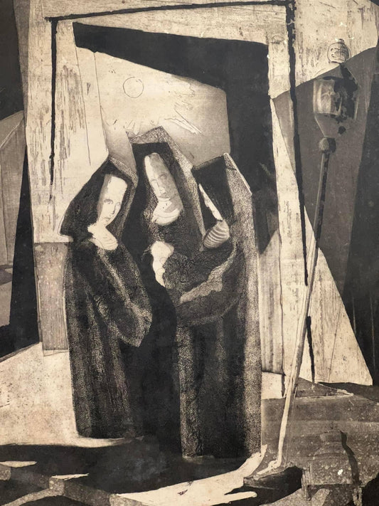 Vintage abstract art three nuns Ink & pen charcoal outside art 1950-1970 mid century