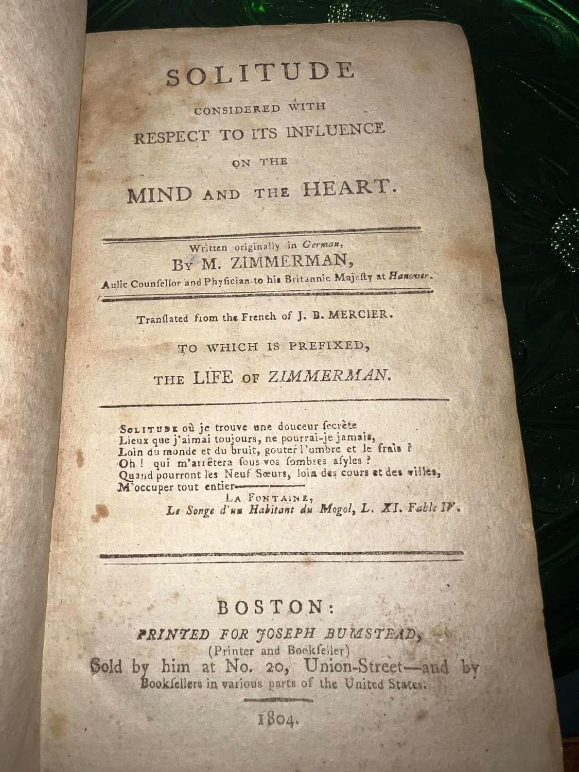 Antique 1804 — solitude Considered with respect on the mind and the heart The life of Zimmerman