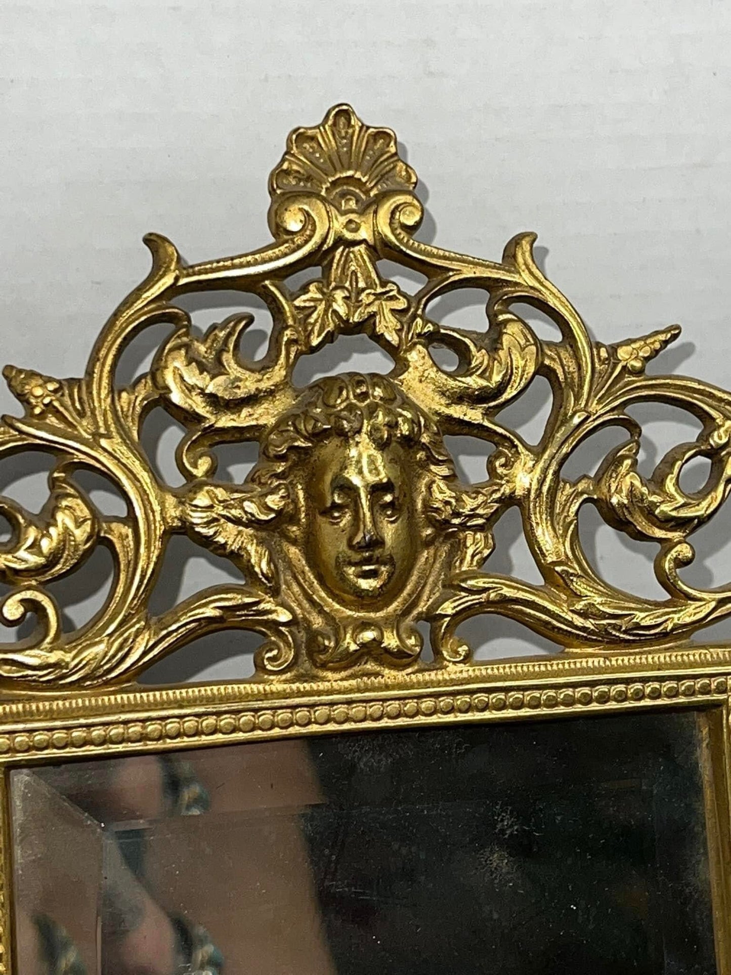 Antique Art nouveau Gold ornate iron mirror frame cherubs face picture frame