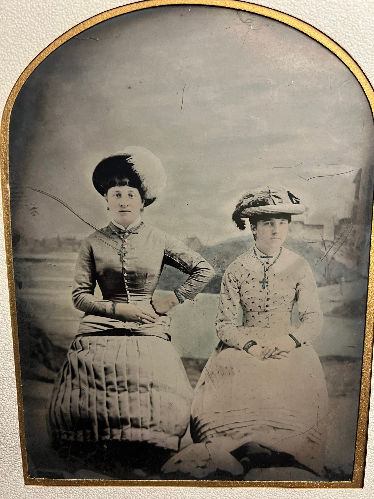 Antique Victorian tintype full plate 2 ladies gorgeous hand tinting 1870s