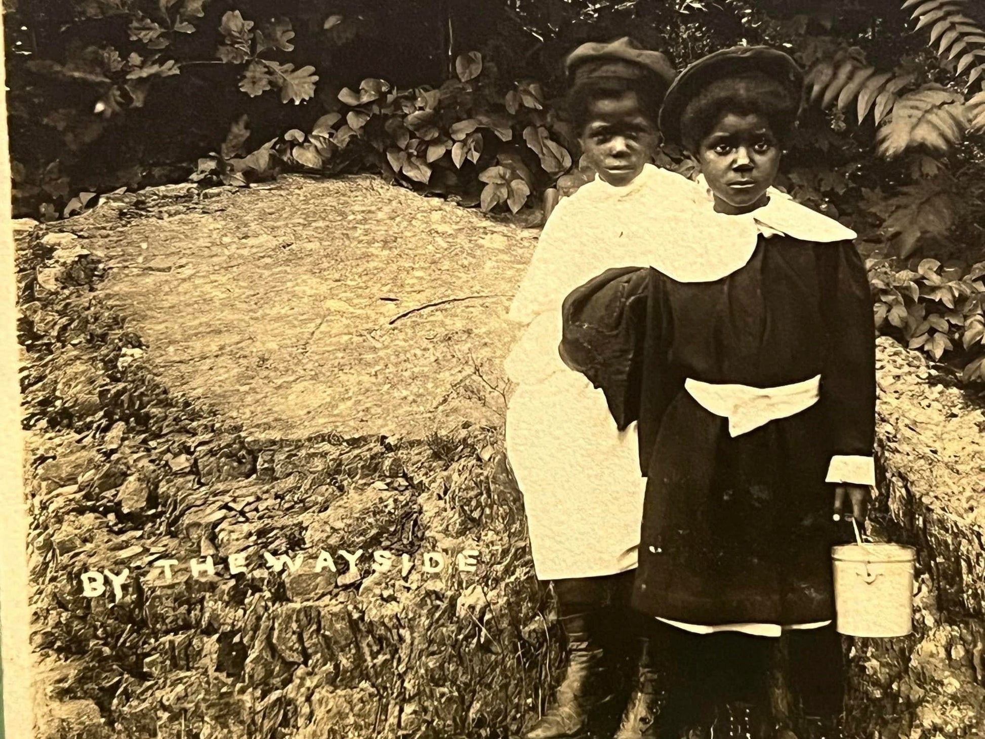 Antique postcard 1900s rppc African American children Titled by the way side early photo