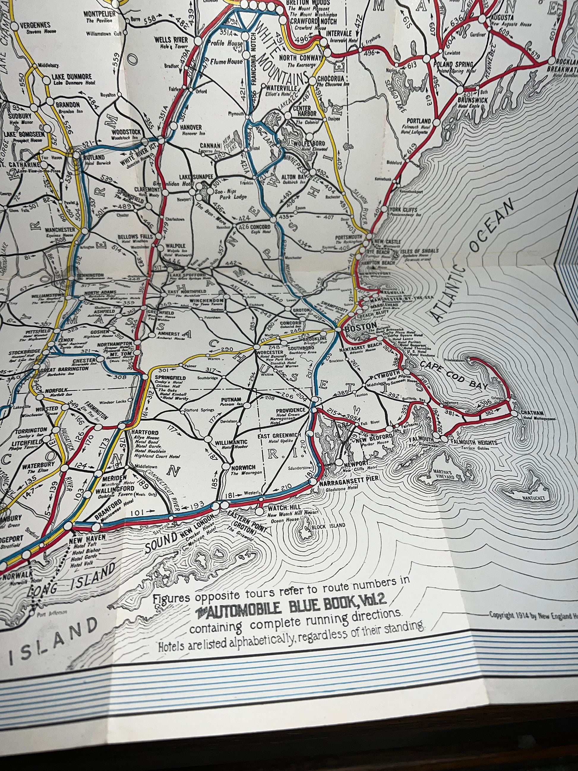 Antique road map tourist Art deco era 1914 New England tours