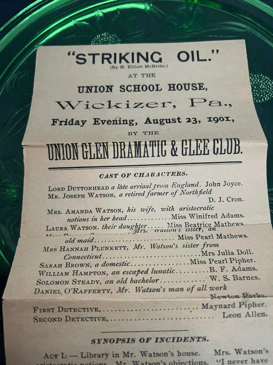 Antique advertising 1901 Theater playbill /broadside Striking oil Union school house -wickizer pa