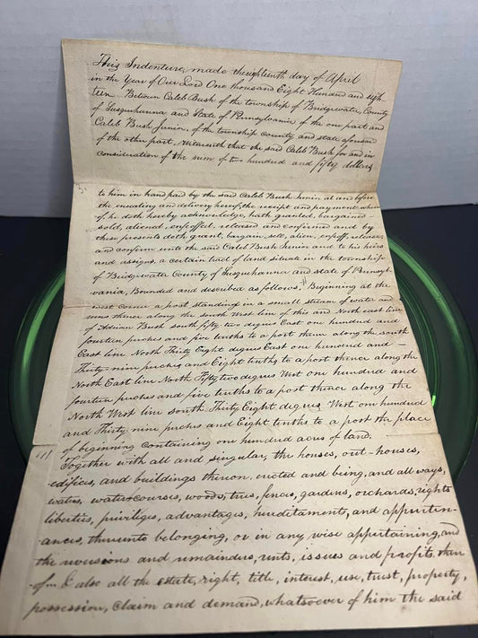 Antique handwritten document 1818 - indenture April 13th 1818 - bridgewater county of Susquehanna state of Pennsylvania bush family