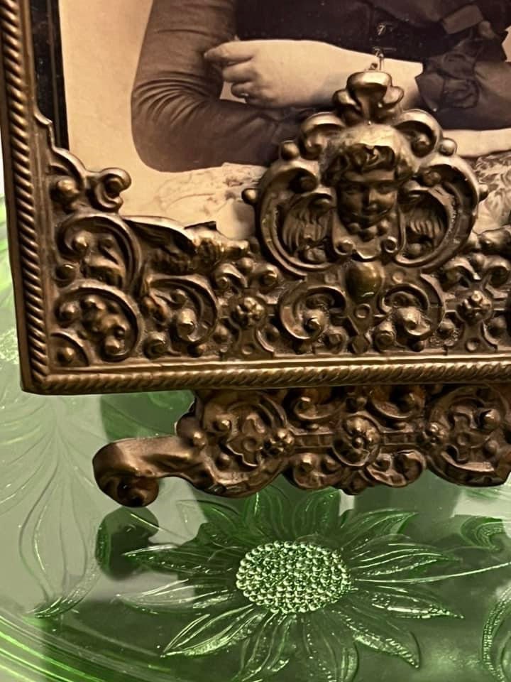 Antique Victorian cabinet photo frame tin holder ornate cherub 1880-1890